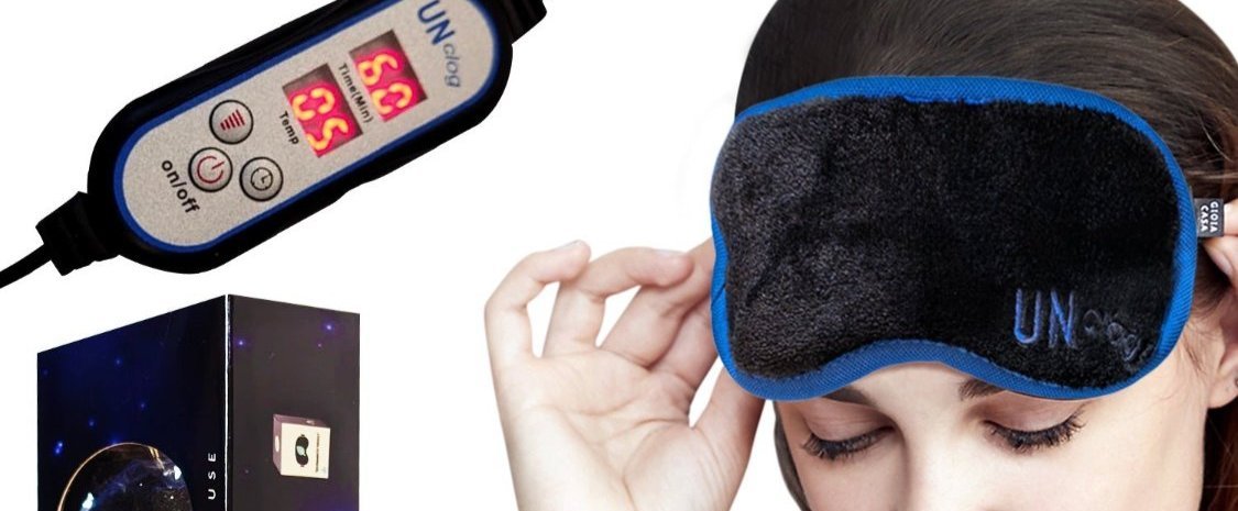 Heated eye mask with digital controller and packaging (UNcloQ heated eye mask)