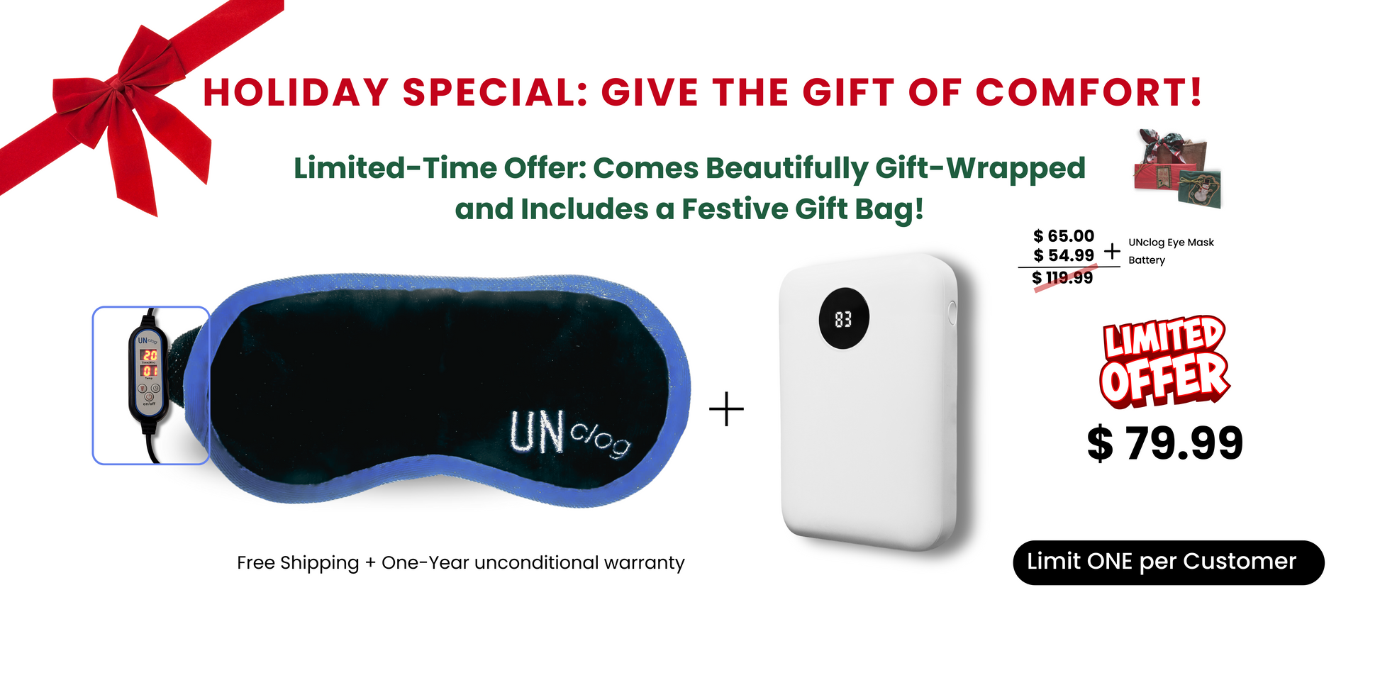 Holiday Special UNCLOG Heated Eye Mask – Rechargeable, Gift-Wrapped Dry Eye Relief for MGD and Sensitive Skin with Bonus Festive Gift Bag